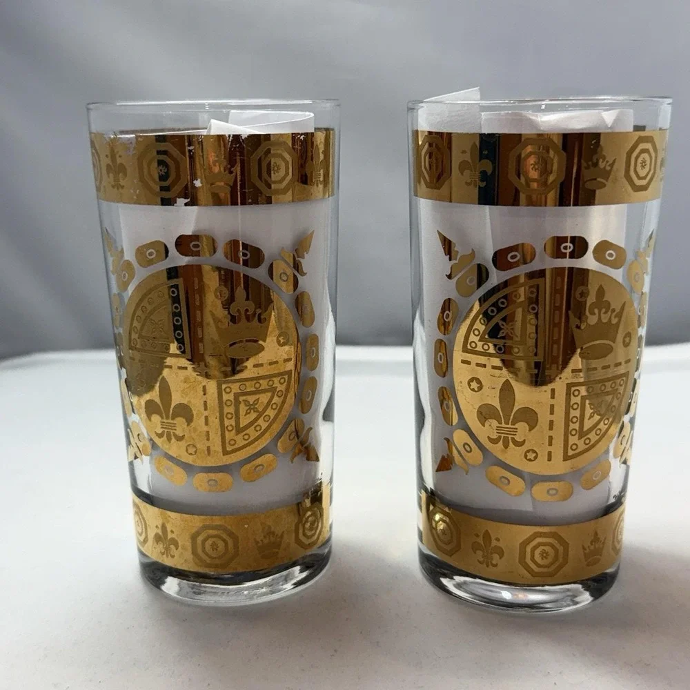 VTG MCM Vito Bari Barware Set 8 Highball Glasses, Ice Bucket & Caddy 22KT Gold